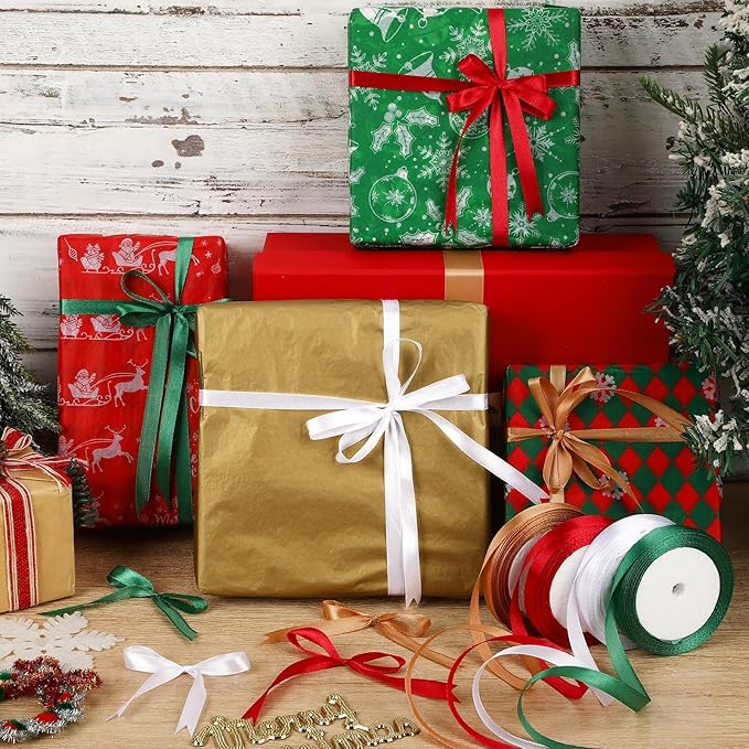 DECYOOL Christmas Ribbons, 4 Rolls 100 Yards Christmas Satin Ribbons 10mm Wide Holiday Craft Ribbons for Gift Wrapping and Xmas Decoration(Wine Red, Dark Green, Khaki, White)