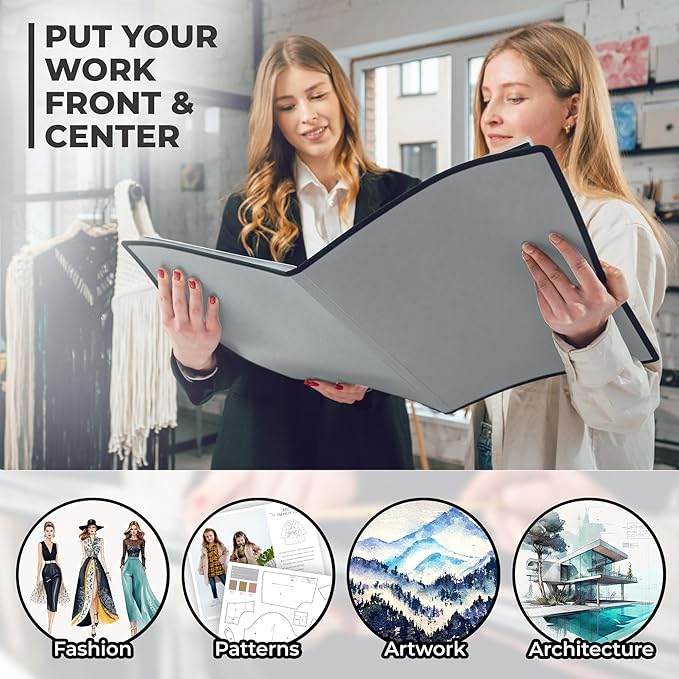 Dunwell 11x17 Art Portfolio Binder with Black Mounting Paper (Silver), Large Portfolio Folder for Artwork Storage, 24 Clear Plastic Sleeves, Displays 48 Pages, Acid-Free Poly 11 x 17 Presentation Book