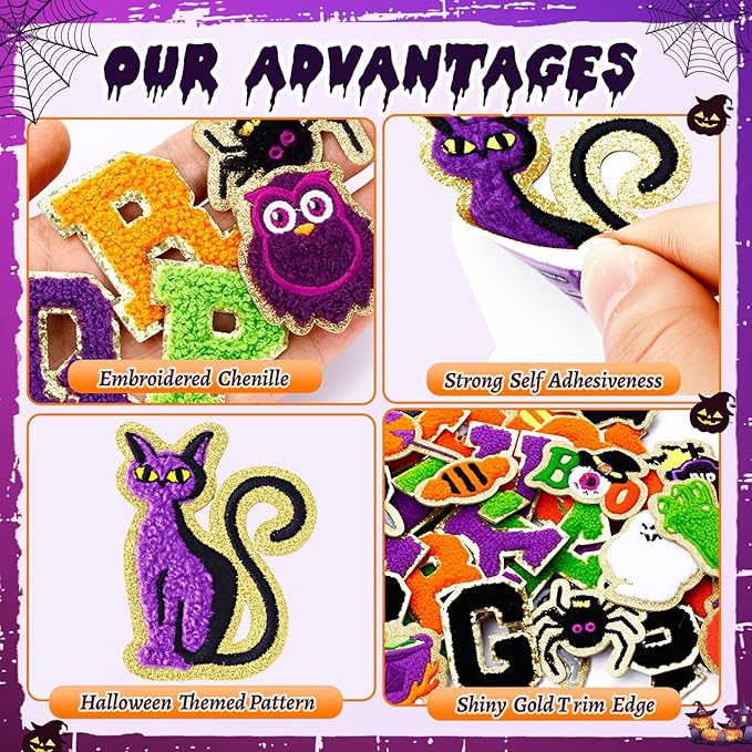 72 Pcs Autumn Halloween Patches Chenille Halloween Letter Patch Self Adhesive Embroidered,Include 52 A-Z Letters Patches,20 Pumpkin Ghost Skeleton Witch Hat Spider Gravestone Sew on Patch Stickers