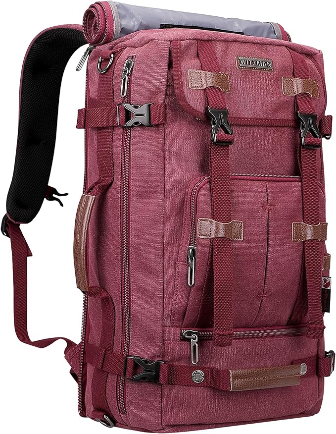 WITZMAN Canvas Backpack Vintage Travel Backpack Large Laptop Bags Convertible Shoulder Rucksack(A519-2 Red)