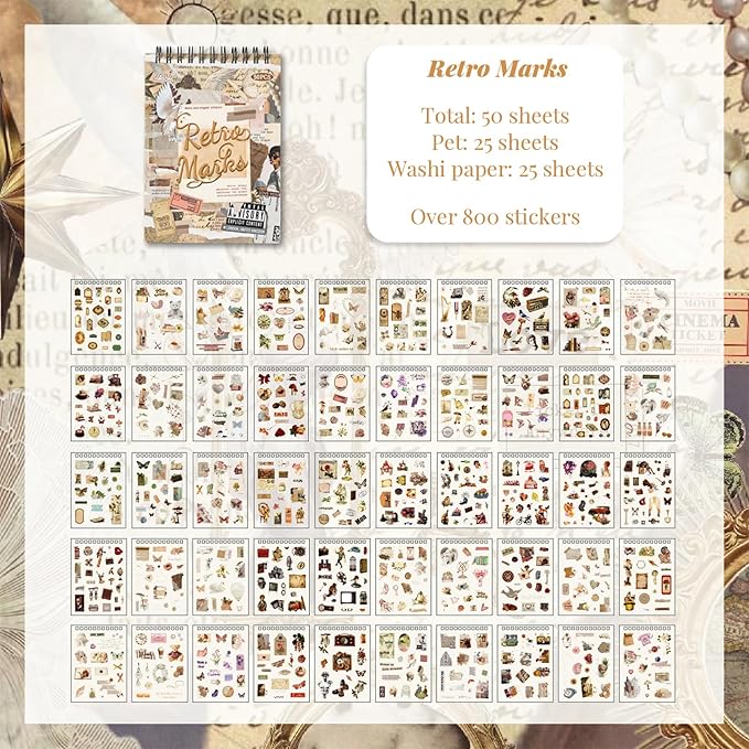 WCCH Vintage Scrapbook Sticker Supplies, 25 Sheets PET and 25 Sheets Washi Stickers, Over 800 Self-Adhesive Pre-Cut Stickers for Junk Journal, Bujo, Collage, Adult Crafts Arts, Letters DIY