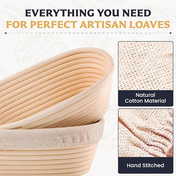10" Banneton Bread Proofing Basket, Sourdough Proofing Basket Set of 2, Bread Banneton Basket for Professional & Home, Oval Bread Proofing Baskets for Sourdough