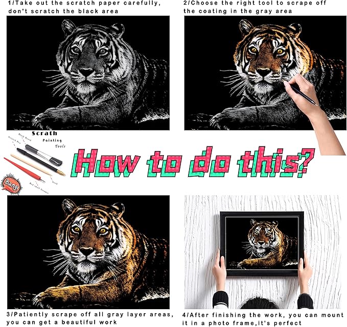 DESINIK Scratch Painting Art for Adults & Teens - 2 Sheets Rainbow Scratch Painting Kit, Scratch Painting Foil Art for Adults, Stress Relief Adult Craft Kits A3(Tiger & Lion)