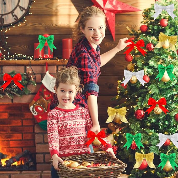 DECYOOL 4 Rolls 100 Yards Christmas Ribbons Metallic Glitter Fabric Holiday Festival Satin Ribbons 1Inch Wide for Gift Wrapping Decoration