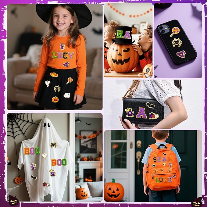 72 Pcs Autumn Halloween Patches Chenille Halloween Letter Patch Self Adhesive Embroidered,Include 52 A-Z Letters Patches,20 Pumpkin Ghost Skeleton Witch Hat Spider Gravestone Sew on Patch Stickers