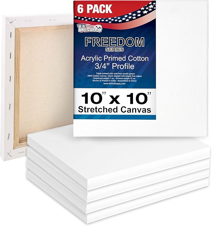 U.S. Art Supply 10 x 10 inch Stretched Canvas for Painting, 12oz Triple Primed, 6-Pack - Professional Artist Quality White Blank 3/4" Profile, 100% Cotton, Heavy-Weight Gesso - Acrylic Pouring, Oil