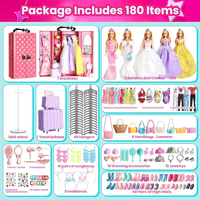 UCanaan 180 Pcs Doll Clothes and Accessories Set, Princess Gowns, Dresses, Tops, Pants, Shoes, Hangers, Fashion Doll Wardrobe, Ages 3+ Best Gitfs for Girls Christmas Birthday
