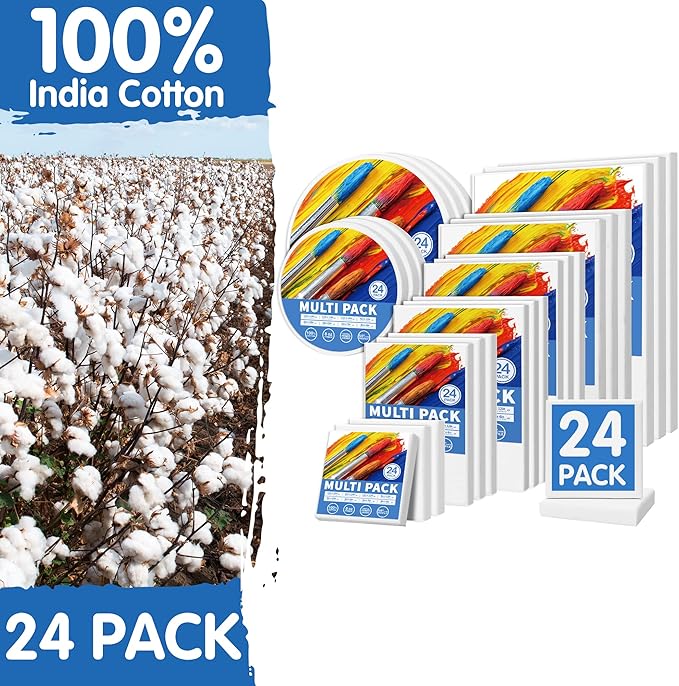 FIXSMITH 24 Pack Stretched Canvases, Multi Pack - 4x4, 5x7, 8x10, 9x12, 11x14, 12x16, Round Canvas 12x12, 8x8 (3 of Each), 100% Cotton, Primed Canvases for Acrylic, Oil, Wet or Dry Art Media…