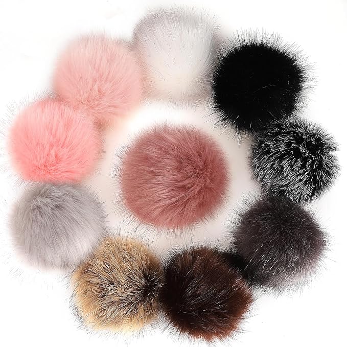5in Large Fluffy Pom Poms Crochet Accessories - 10pcs Faux Fur Pompom Balls Knitting Accessories for Hats, Beanies, Shoes, Scarves, Gloves, Bags, Keychains Charms (Black/Brown/Grey/Pink)
