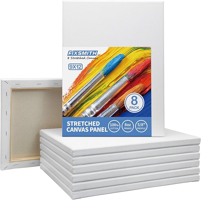FIXSMITH Stretched White Blank Canvas - 9x12 Inch, Bulk Pack of 8, Primed,100% Cotton, 5/8 Inch Profile of Super Value Pack for Acrylics,Oils & Other Painting Media.