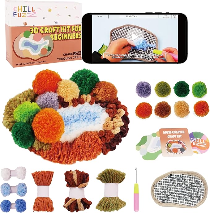 ChillFuzz Latch Hook Kits for Adults - Kids Crochet Kit for Beginners Arts and Craft Kit Moss Rug Coaster Yellow Oasis