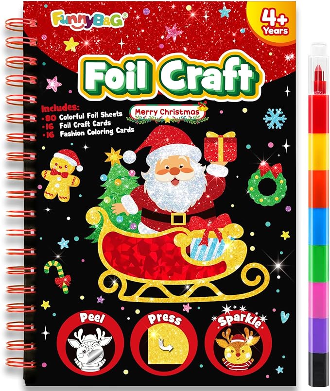 FUNNYB&G Foil Art Craft Activity for Kids - Christmas Crafts Gift Party Favors for Kids Stocking Stuffer Baskets Fillers Gifts Toy for Girls Boys 4 5 6 7 8 9 Years Old(Christmas)