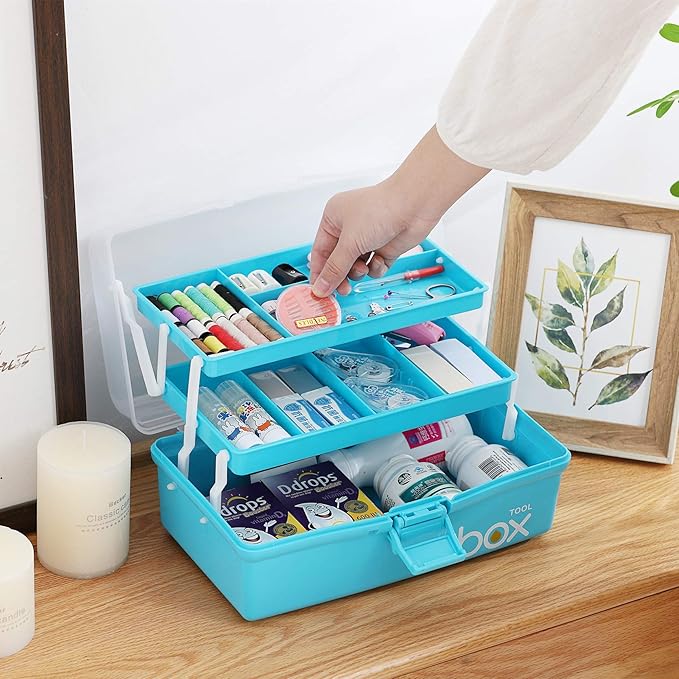 Sunxenze 12'' Three-Layer Clear Plastic Craft Storage Box, Tool Box/Sewing Box Organizer, Art Storage Box with Handle (Light Blue)