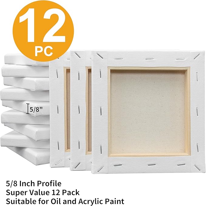 FIXSMITH Stretched White Blank Canvas- 6 x 6 Inch,Bulk Pack of 12,Primed,100% Cotton,5/8 Inch Profile of Super Value Pack for Acrylics,Oils & Other Painting Media.