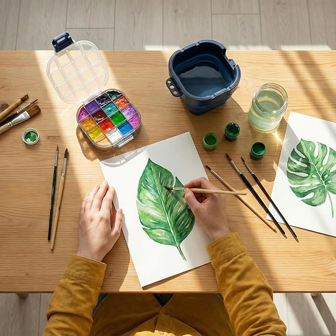 DUGATO Airtight Watercolor Palette Box (16-Well) with Lid & Collapsible Brush Basin - Portable Paint Saver for Acrylic, Gouache, Oil - Travel Art Supplies (Blue)