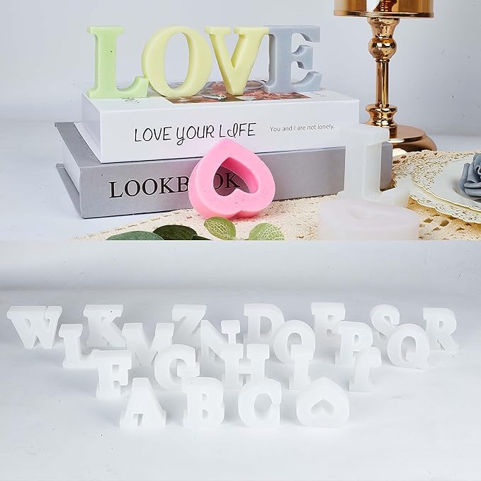 27 Pack 2.5 Inch Letter Mold 26 Pcs English Letter Mold + Heart Mold Alphabet - Resin Casting Silicone Molds for Home Decor & Candle Making Wave Spiral Mold