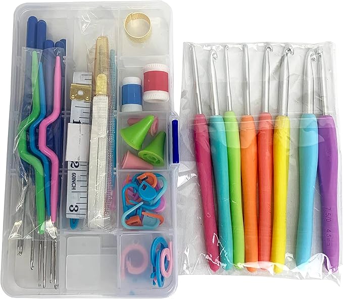 Designer Stitch Happy Crocheting Kit: 52 Piece Crochet Kit for Beginners & 7 Pocket Yarn Bag, Signature Yarn Storage - Black