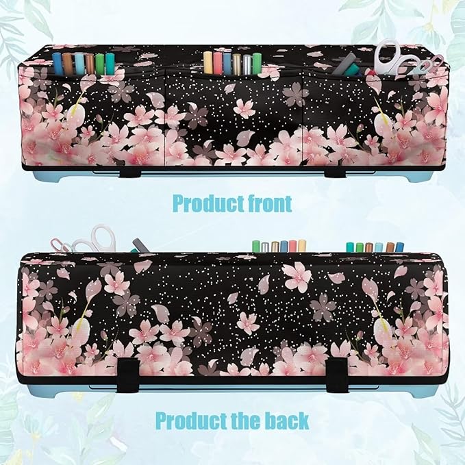 Binienty Cherry Blossom Dust Cover for Scrapbooking Die-Cut Machines Polyester Cutting Machine Maker Cover with 3 Pockets for Home Accessories Organizer