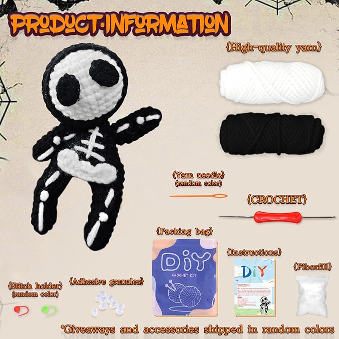 YAMAXIN Skeleton Crochet Kit for Beginners – DIY Yarn Kit with Video Tutorial, Tools & Instructions – Halloween Amigurumi Plush Craft Gift for Adults & Kids (Skeleton Doll)