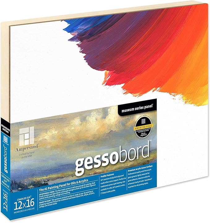 Ampersand Art Supply Gesso Wood Painting Panel: Museum Series Gessobord, 12" x 16", 3/4" Cradled Profile