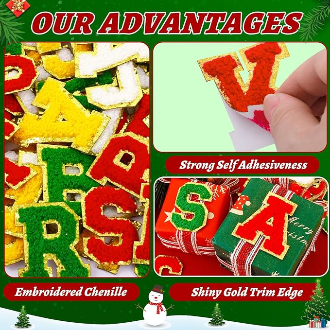 104 Pcs Red Green Christmas Patches Chenille Letter Patches Embroidered Stick on Patches Self Adhesive for Clothing,A-Z Letter Stickers Sew on Patches for Sweaters Jackets Hats Stockings Backpacks
