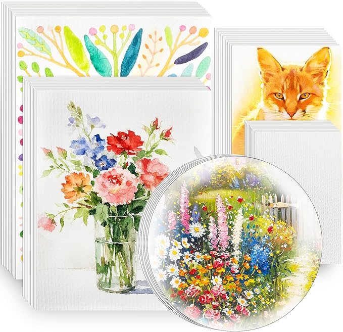 50 Sheets Watercolor Paper Bulk, 4"X6", 5"x7",8" x 8"，8" x 10",9" x 12",Each 10 Sheets.140 lb/300 GSM Water Color Paper for Kids Adults.Watercolor Drawing Paint Paper for Art Drawing Supplies