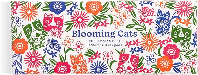 Galison Blooming Cats – Rubber Stamp Set Includes 4 Beautiful Colored Ink Pads and 11 Unique Cat Themed Wooden Stamp Blocks