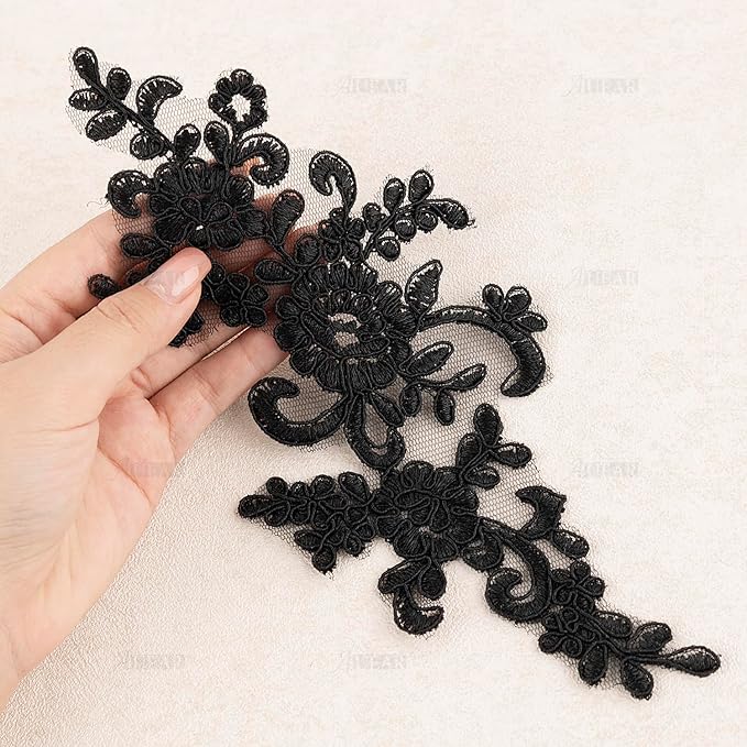 AUEAR, 2 Pack Black Flower Embroidery Applique Sew on Floral Patches for DIY Craft Decoration