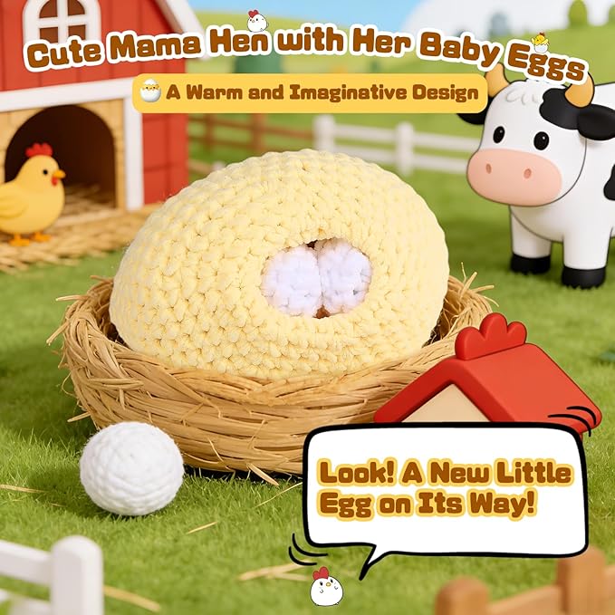 Coopay Crochet Kit for Beginners, Egg-Laying Mama Hen, Easy Chicken Crochet Kit, Chenille Yarn, Step-by-Step Video Tutorial, Cute Crochet Animals Kit for Adults, Chrismas Gifts, 1 Chicken+3 Eggs