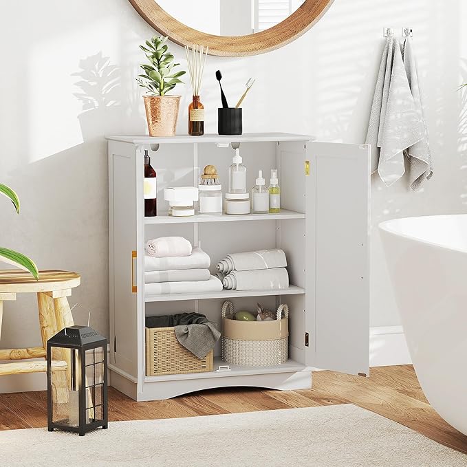 Tangkula Bathroom Floor Storage Cabinet, 31.5" H Freestanding Pantry Cabinet with 2 Doors and Adjustable Shelves, Kitchen Cupboard for Living Room, Dining Room, Bathroom (White, 31.5" H)