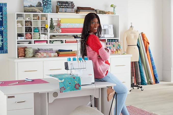 Bernette B64 Airlock Serger Overlocker with Air Threading | 1300SPM, Free Hand & Arm System, LED Light | Scissors, Rotary Cutter, Threads Bundle, Self-Healing Foldable Cutting Mat, Extension Table