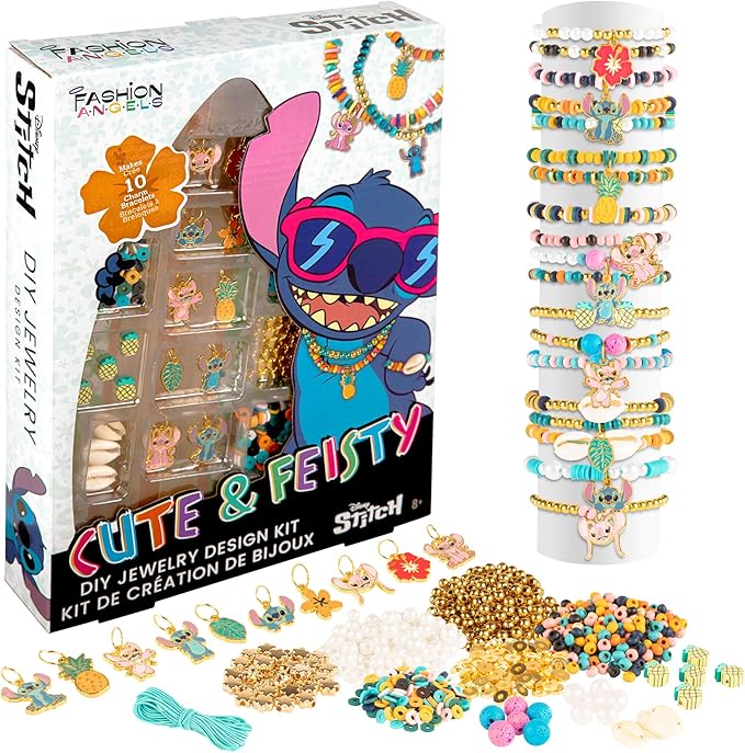 Fashion Angels Disney Stitch Cute & Feisty DIY Jewelry Design Kit, Makes 10+ Charm Bracelets, Includes Charms, Beads & Elastic, Ideal for Girls & Boys