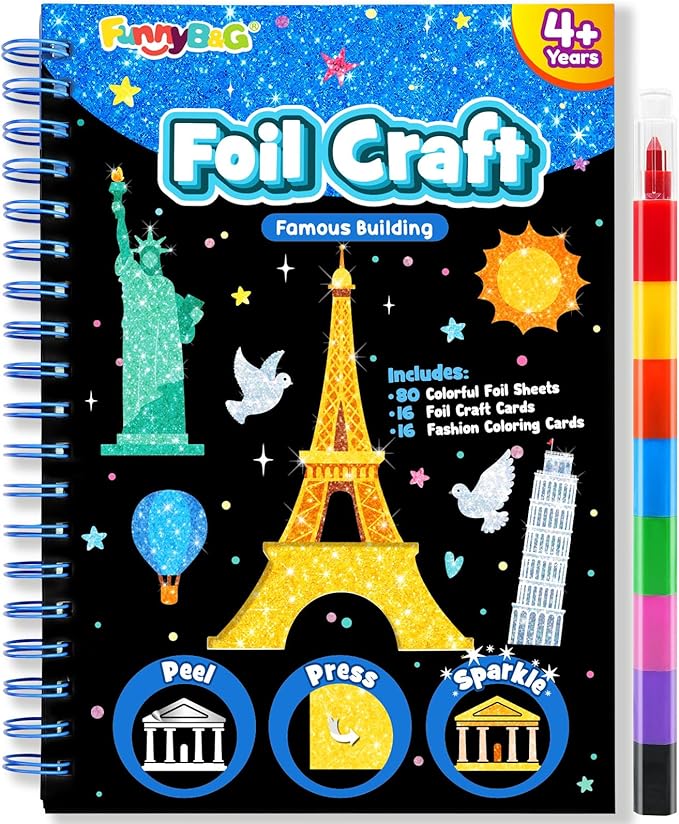 FUNNYB&G Foil Art Craft for Kids - Christmas Crafts Gift Party Favors Stocking Stuffers for Kids Fun Art Supplies Creative Birthday Gift Travel Toys for Girls Boys 4 5 6 7 8 9 Years Old(Buildings)