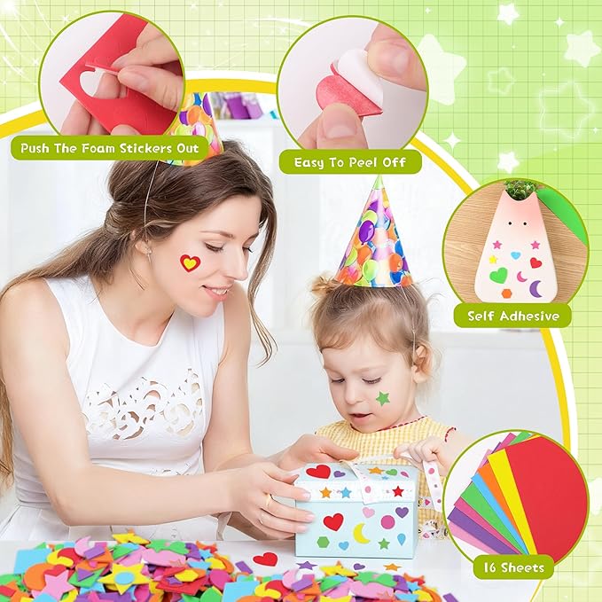 1808Pcs Foam Stickers,Foam Shape Stickers Self Adhesive,Colorful Star Heart Circle Sticker for Kids Crafts Large Small Geometric Sticker for Preschool Classroom Scrapbook Supplies(16,Multicolor)