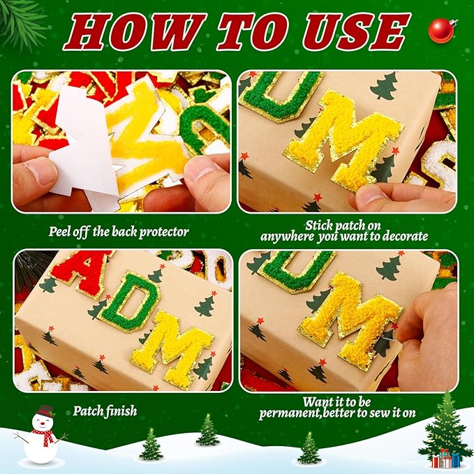104 Pcs Red Green Christmas Patches Chenille Letter Patches Embroidered Stick on Patches Self Adhesive for Clothing,A-Z Letter Stickers Sew on Patches for Sweaters Jackets Hats Stockings Backpacks