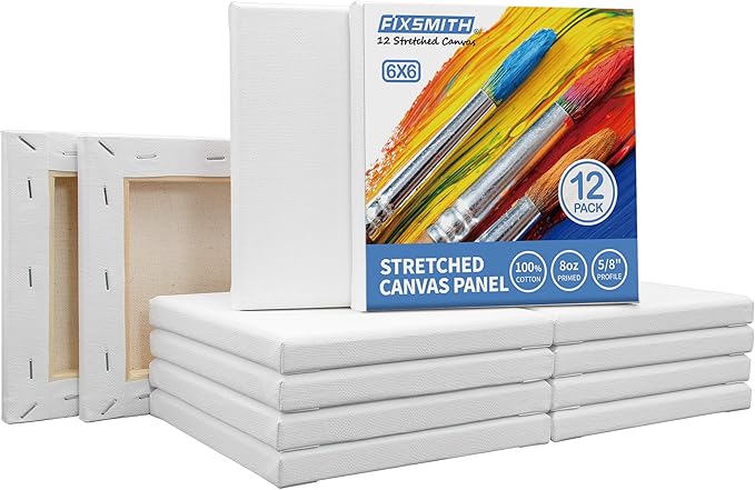FIXSMITH Stretched White Blank Canvas- 6 x 6 Inch,Bulk Pack of 12,Primed,100% Cotton,5/8 Inch Profile of Super Value Pack for Acrylics,Oils & Other Painting Media.