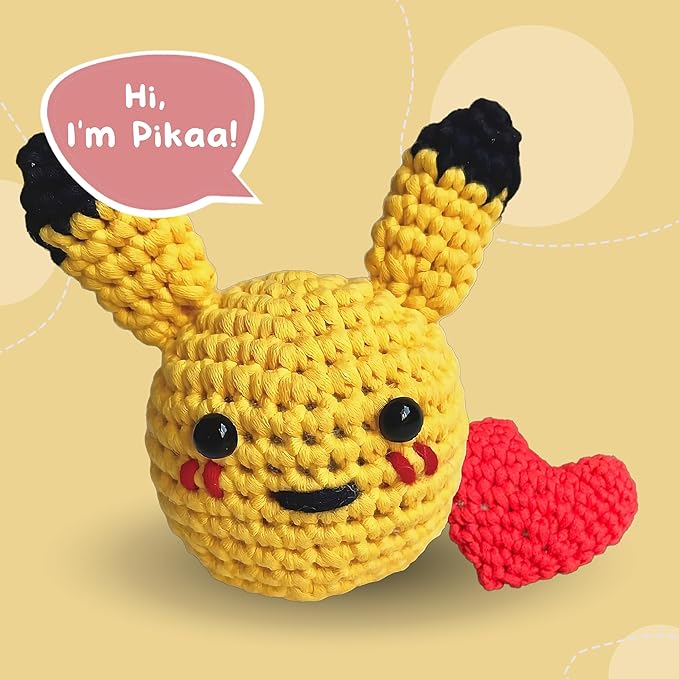 Pika-Doo Crochet Kit | Beginner Level | Great for Couples, Date Night, Kids, Adults, & Anime Lovers | DIY Gift Kit | Heart Included | Instructions, Yarn, Hook, Video & Written Tutorial