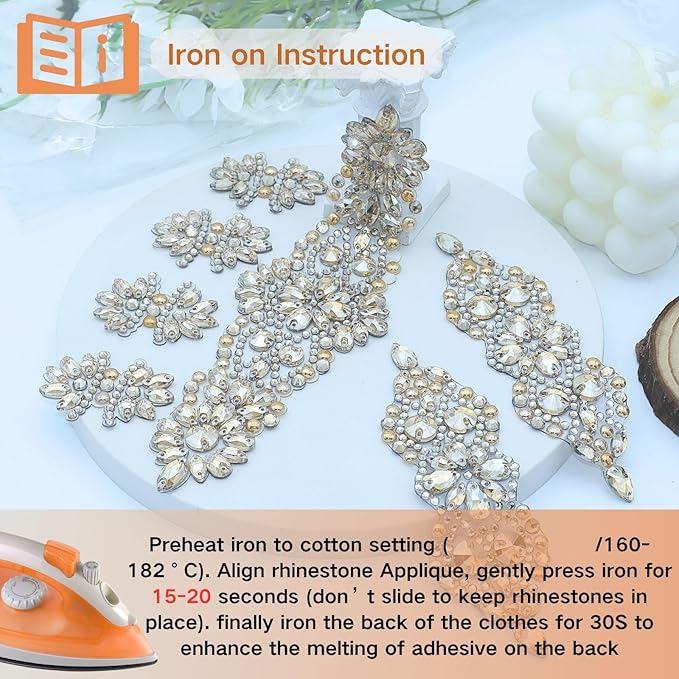 PEARLY JUN 11 Pcs Gold Rhinestone Applique Patches Pearl Rhinestone Patches Iron on Appliques for Dresses Hand Sewing Craft Projects DIY Wedding Clothes Shoes Hats Bags Embellishments