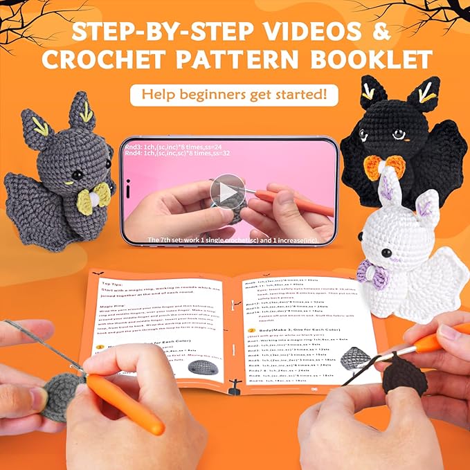 Crochet Kit for Beginners, Beginner Crochet Kit for Adults with Step-by-Step Video Tutorials, Halloween Gifts DIY Crochet Animal Kits Knitting Supplies, 3 Pack Bat Family (40%+ Yarn)
