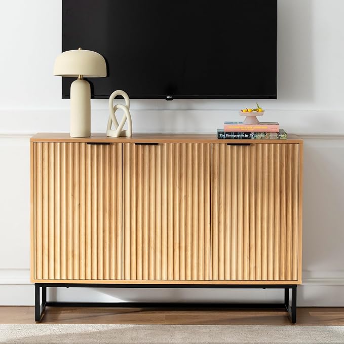 Fluted Storage Cabinet with 3 Doors, Sideboard Buffet Cabinets with Adjustable Shelves, Multifunctional Console Table with Storage Credenza for Living Room, Hallway, Natural Oak