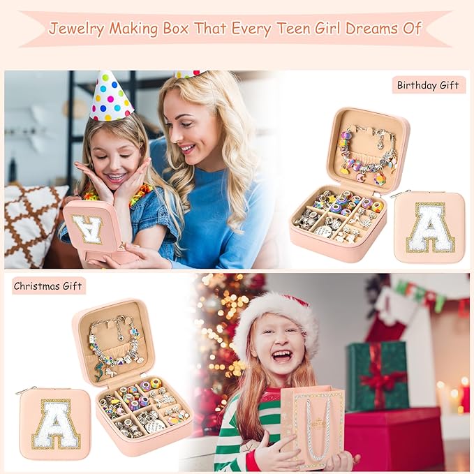 Charm Bracelet Making Kit for Girls 8-12, Kids Jewelry Making Kit 66Pcs Jewelry Kits for Girls Ages 5-7 Jewelry Maker Craft Necklace Birthday Christmas Gifts with Initial Jewelry Organizer Box - A