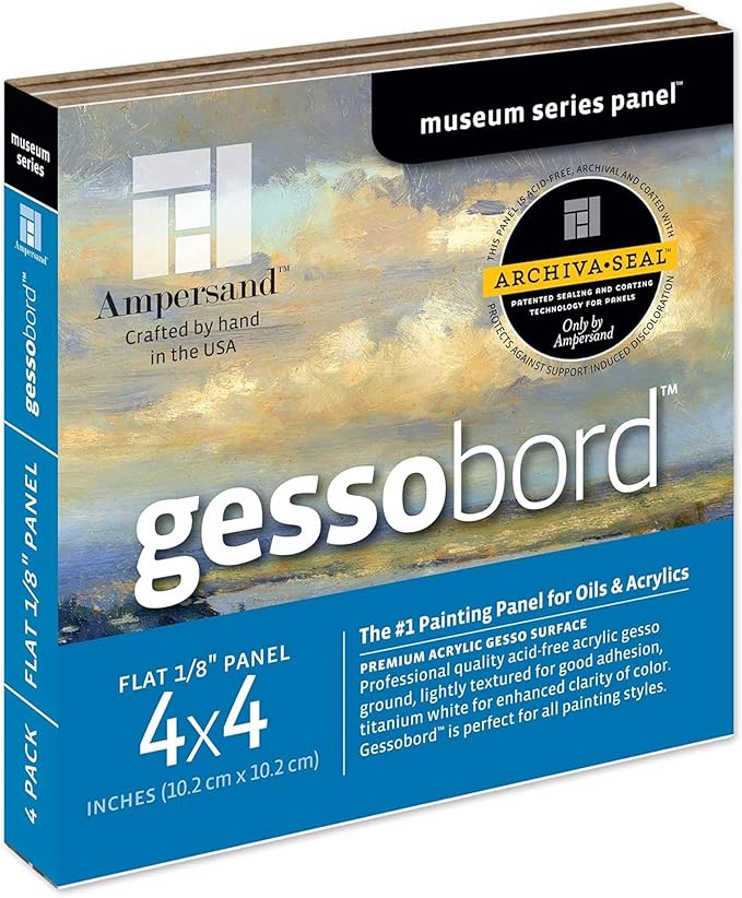 Ampersand Art Supply Gesso Wood Painting Panel: Museum Series Gessobord, 4" x 4", 1/8" Flat Profile, Pack of 4