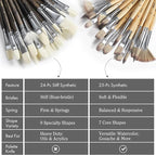 ARTIFY 24 Pieces Synthetic Hog Bristle Nylon Paint Brush Set- Expert Series Paintbrushes for Acrylic, Oil – No Shedding, Canvas Roll Case, Artist Gifts Art Supplies