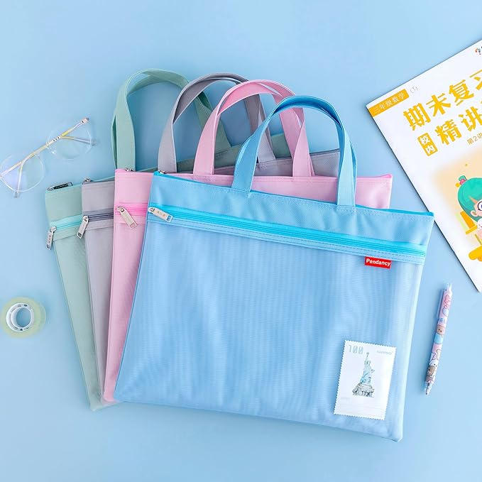 Pendancy Mesh Zipper Pouch 11x13.7 in, 2 pcs Large Double Pocket Waterproof File Bag with Handle, A4 Size Foldable Document Storage for Puzzle Project/Cross Stitch/Travel/Office（Blue Pink）