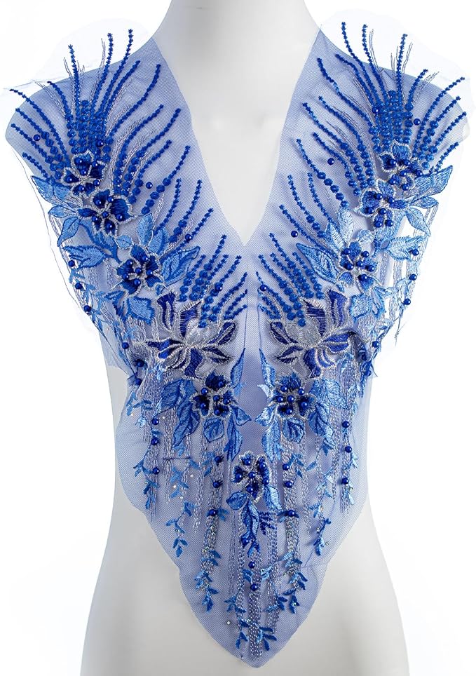 Beaded Pearl Flower Fabric Lace Applique, Floral Embroidered Patches Handmade Sewing Tool for DIY Neckline Bodice Wedding Bridal Prom Dress(Blue-Small)