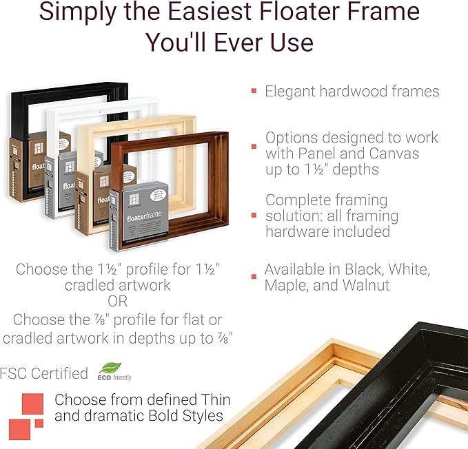 Ampersand Art Supply Floaterframe Readymade Frame for Flat and 7/8" Deep Wood Panel and Canvas Artwork, Paintings, Prints, and More, 5"x7", Walnut Thin