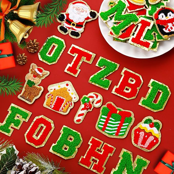 72 Pcs Red and Green Christmas Patches Embroidered Winter Christmas Letter Patches Self Adhesive,Include 52 A-Z Letters Patch,20 Winter Snowman Wreath Penguin Stick on Letter Stickers for Backpacks