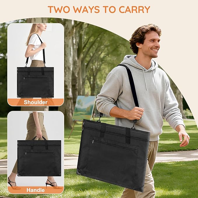 ZKOO Light Weight Art Portfolio Bag, 24x36 Artist Canvas Case with Detachable Shoulder Strap, Leather Corners, Art Portfolio Case for Artwork, Poster, Sketching, and Drawing (24" x 36" Black)