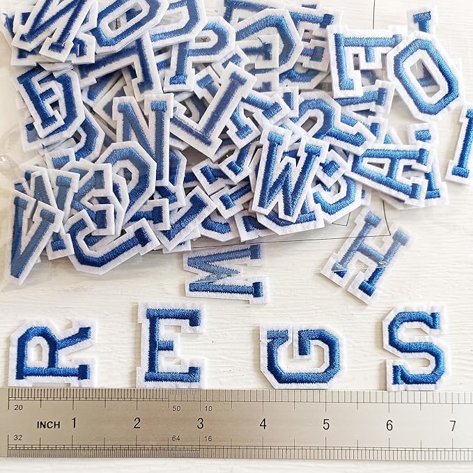 1.3 inch Iron on Letter Patches 78 Pieces, A-Z Embroidered Alphabet Patches for Clothing Jackets Hats Backpacks Jeans Blue