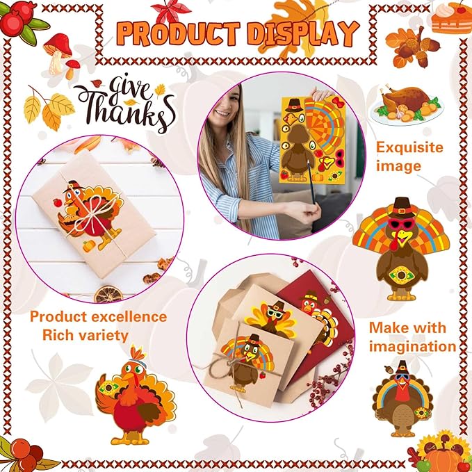 Turkey Stickers 24 PCS Thanksgiving Stickers for Kids, Make Your Own Turkey Sticker Sheets for Thanksgiving Party Favors DIY Crafts Sticker Classroom Teacher Reward